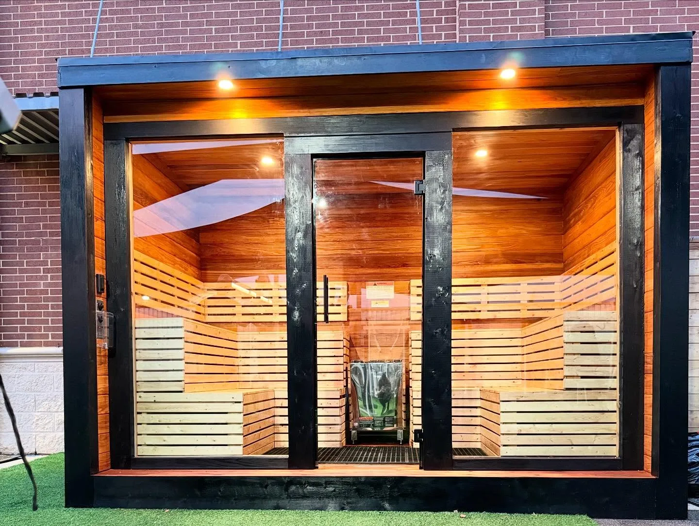 Commercial gym sauna illuminated at evening